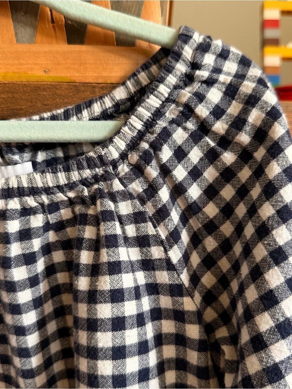 Old Navy Navy and White Gingham Long Sleeve Peasant Top